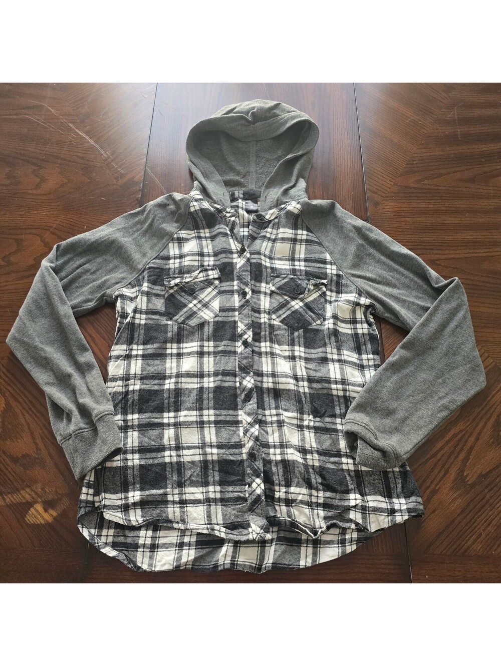 Empyre hooded plaid flannel shirt black white gray